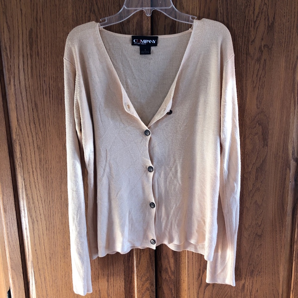 Ellen Tracy Cream Cardigan Sweater V-Neck Fine Knit